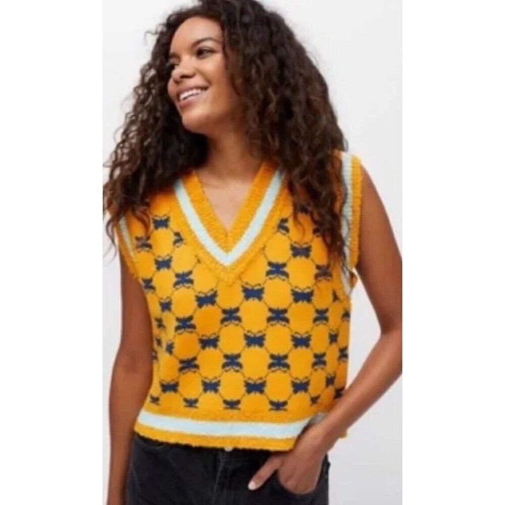 Urban Outfitters Medium Yellow Butterfly Sweater Vest Sleeveless Preppy